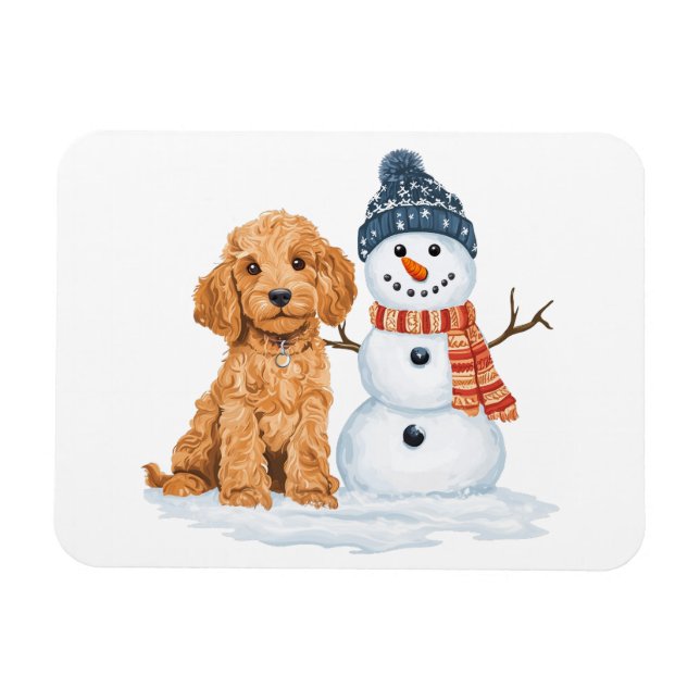 Magnet Flexible Winter Goldendoodle Dog Cute Snowman (Horizontal)