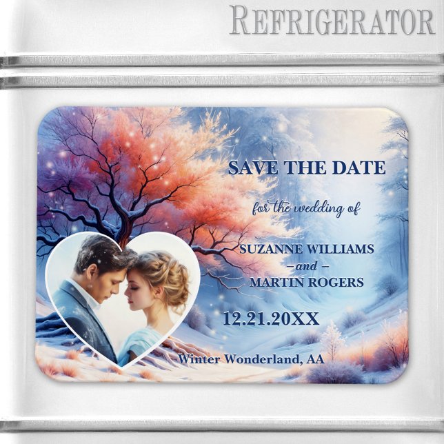 Magnet Flexible Winter Wonderland Mariage Photo Enregistrer la dat (Save the Date magnet featuring a painting of a tree with tiny snow flakes and custom heart photo)