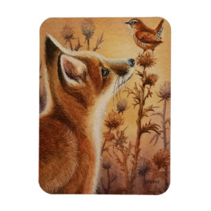 Magnet Flexible Young Red Fox Carolina Wren Bird Watercolor Art