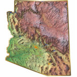 Magnet Photo Sculpture Aimant de carte de l'Arizona coupé<br><div class="desc">Cet aimant,  formé comme l'état de l'Arizona,  montre une carte de soulagement de l'état entouré par une frontière d'effet d'or. Décor d'Arizonan pour votre réfrigérateur. 
Carte dérivée des images chez nationalatlas.gov.</div>