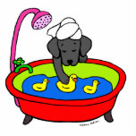 Magnet Photo Sculpture Bande dessinée noire de canards de laboratoire et<br><div class="desc">Bande dessinée fantaisie et drôle de chien de labrador retriever créée par Naomi Ochiai du Japon. Grands cadeaux d'amusement pour les amoureux de les chiens qui aiment Labradors noir. Un chiot noir adorable de Labrador joue avec les canards en caoutchouc dans la salle de bains utilisant un turban de douche...</div>