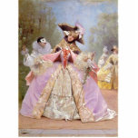 Magnet Photo Sculpture Boule de mascarade victorienne<br><div class="desc">Boule de mascarade victorienne comportant la belle peinture vintage de la dame dans la robe pourpre avec le casquette près d'un harlequin et de d'autres dans des costumes de mode de mascarade. Vérifiez toutes ces autres grandes idées de cadeau ! Customisez ou personnalisez quelconque d'entre ces articles en ajoutant votre...</div>