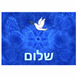 Magnet Photo Sculpture Dove -  Shalom<br><div class="desc">Customizable Hebrew text (You may replace the Hebrew with your own English text) reading,  "shalom" (peace) and a dove carrying a bit of olive branch in its beak on a nice blue and white fractal background featuring a Star of David and the suggestion of bird wings.</div>