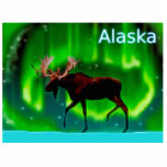 Magnet Photo Sculpture Oie aurifère du Nord - Alaska<br><div class="desc">Une image toujours si légèrement stylisée d'une silhouette d'orignal contre les aurores boréales. Le texte "Alaska" apparaît en bleu et blanc brillant.</div>