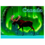Magnet Photo Sculpture Orignaux de lumières du nord - Canada<br><div class="desc">Une image toujours tellement légèrement stylisée d'un orignal silhouetté contre les lumières du nord. La lecture "Canada" des textes apparaît dans le bleu rougeoyant et le blanc.</div>