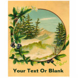 Magnet Photo Sculpture Scène de montagne rustique<br><div class="desc">Une image rustique vintage ; une vignette circulaire avec des montagnes et des conifères enneigés dans les branches entourées d'un motif floral. Ajoutez votre propre texte.</div>