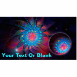 Magnet Photo Sculpture Sonde Alien<br><div class="desc">Une image fractale très colorée,  tourbillonnante apparaît deux fois. Une fois superposée sur un arrière - plan spatial étoilé,  une deuxième fois sur une petite sphère entourée d'une aura brillante. Peut-être une sonde lancée à partir d'un vaisseau mère,  ou un oeuf cosmique. Ajoutez votre propre texte.</div>