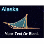 Magnet Photo Sculpture traîneau à chiens - Alaska<br><div class="desc">Un traîneau à chien avec un sac turquoise à traîneau superposé à un arrière - plan étoilé. Lecture de texte,  "Alaska" apparaît en bleu et blanc brillant. Vous pouvez ajouter votre propre texte supplémentaire à la fois sur le sac de traîneau et au bas.</div>