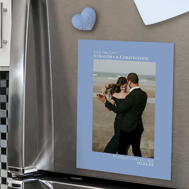 Magnet Photo Vertical "Sauver la date" Bleu Poussi (In Situ on Refrigerator)