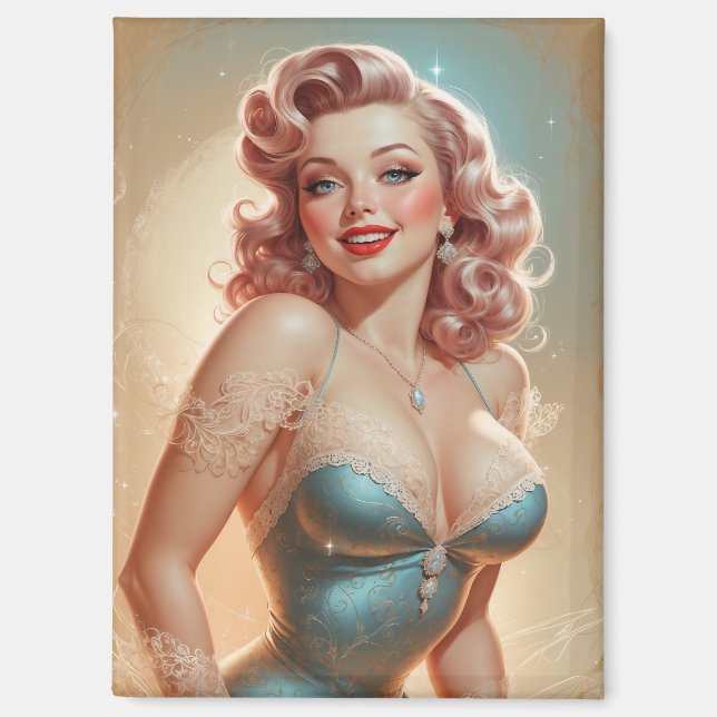 Magnet Pin-Up Blonde Glamour Robe Bleue Dentelle (Recto)