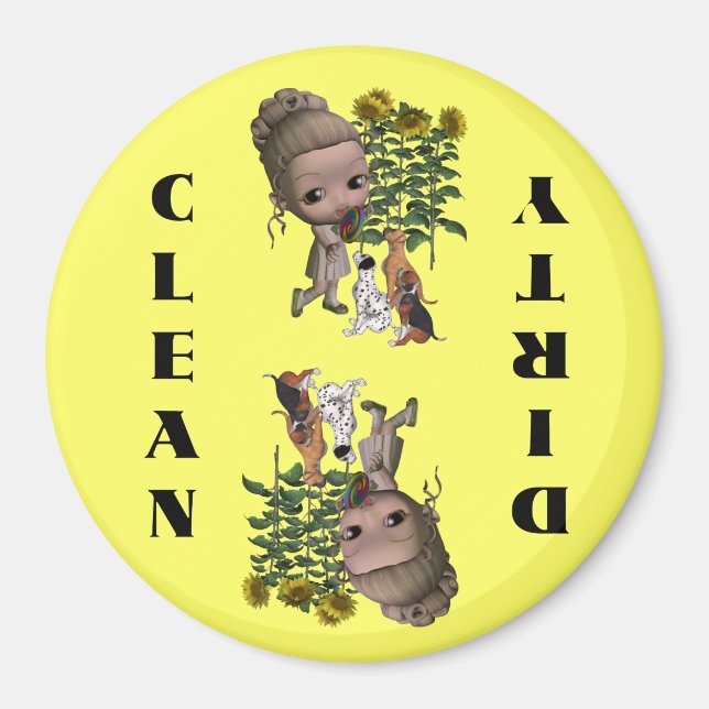 Magnet pour lave-vaisselle pour fille et chiots (Devant)