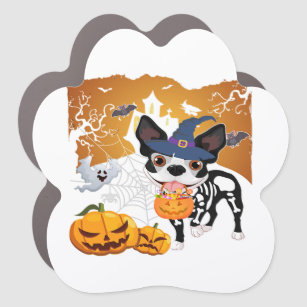 Magnet Pour Voiture Boston Terrier Skeleton Chien Citrouille Halloween