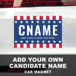 Magnet Pour Voiture Nom du candidat slogan campagne électorale politiq<br><div class="desc">Aimant de voiture avec votre nom de candidat et ligne de texte/slogan/tag personnalisée. Texte blanc et étoiles sur un arrière - plan bleu avec des bordures rayées rouges et blanches.</div>