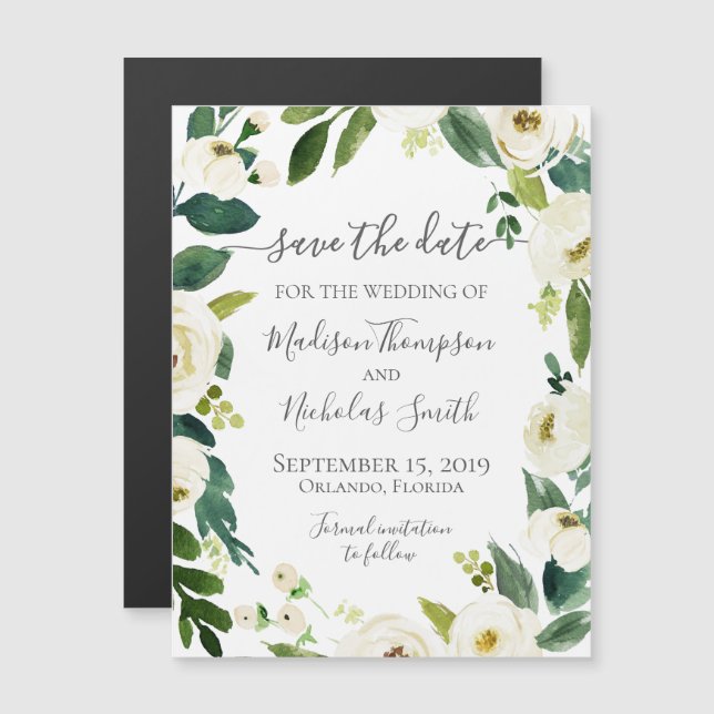 Magnet Réservez la date à fleurs blanches (Devant / Derrière)