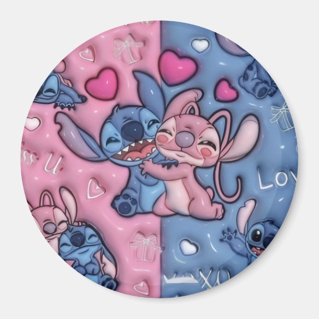 Magnet Rond Mignon Stitch et Angel (Devant)