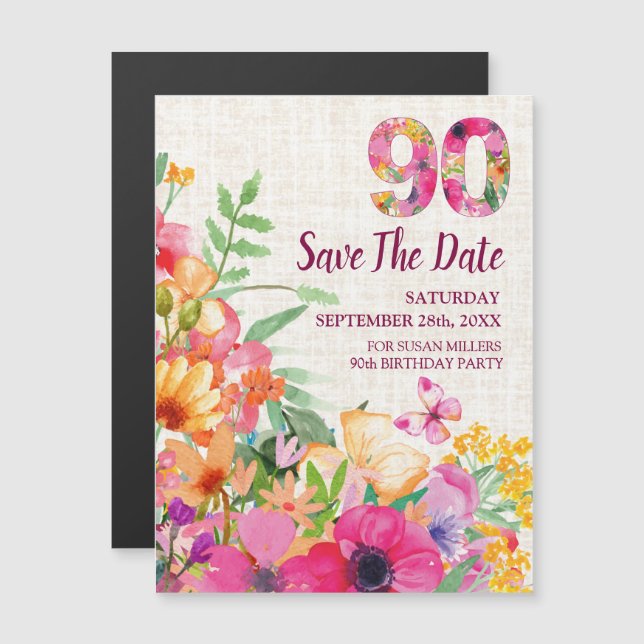Magnétique 90 ans de lin floral Invitation de sauvegarde de d (Devant / Derrière)