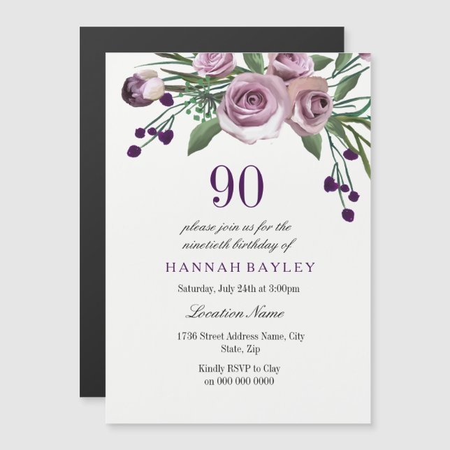 Magnétique 90e anniversaire Invitation : Elégant Plum Purple  (Devant / Derrière)
