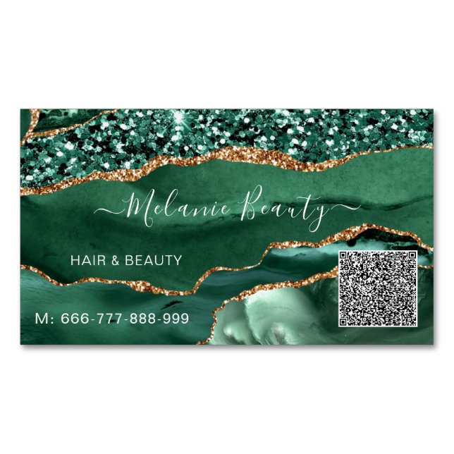 Magnétique Agate Green Gold QR Code Carte de visite (devant)