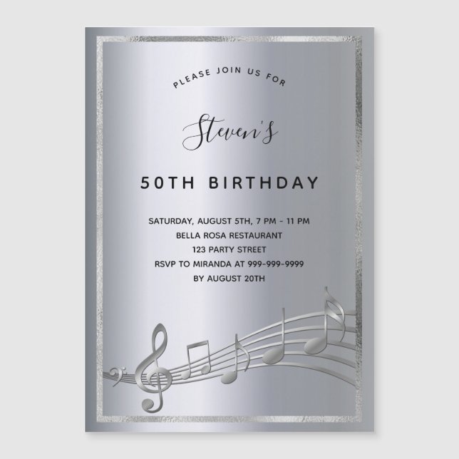 Magnétique Anniversaire argent notes musique invitation aiman (Devant)