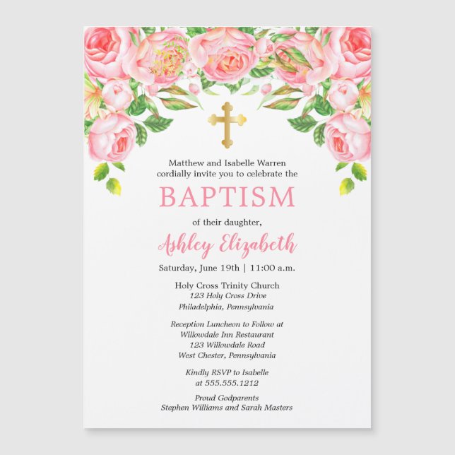 Magnétique Aquarelle rose Roses Floral Baptême Invitation (Devant)