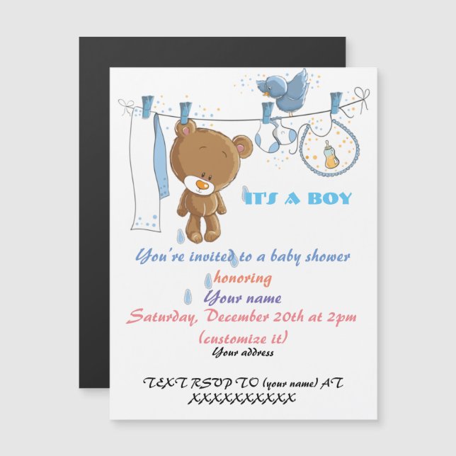 Magnétique Baby shower Invitation pour un bébé garçon (Devant / Derrière)