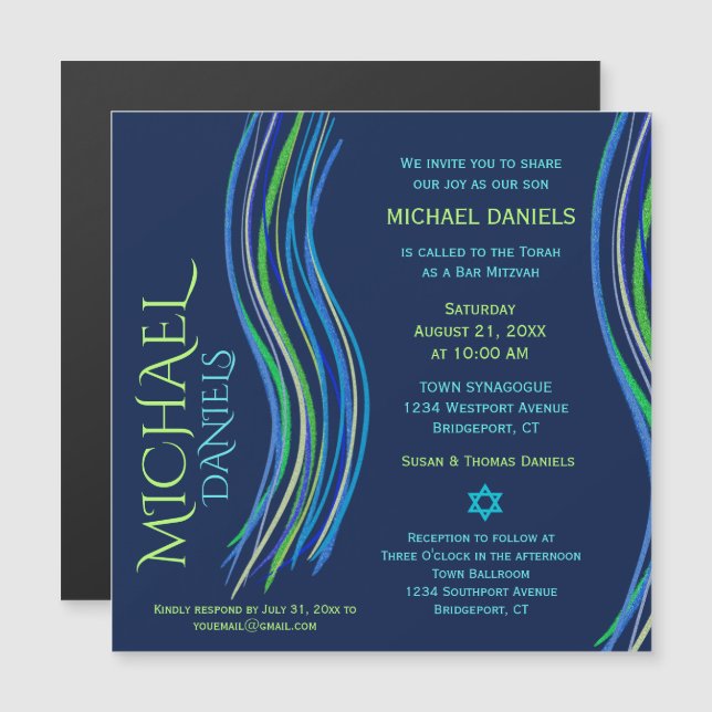 Magnétique Bar Mitzvah Prière bleue et verte Shawl Invitation (Devant / Derrière)