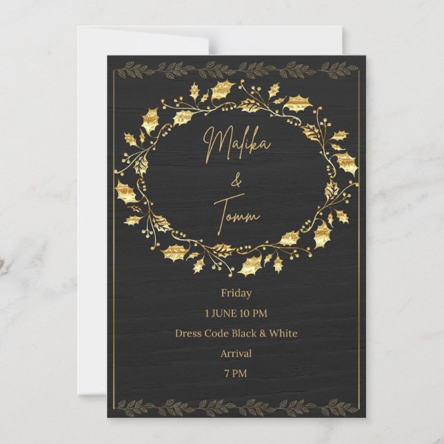 Magnétique Elegant Black & Gold Leaf Wedding Invitation (Recto)