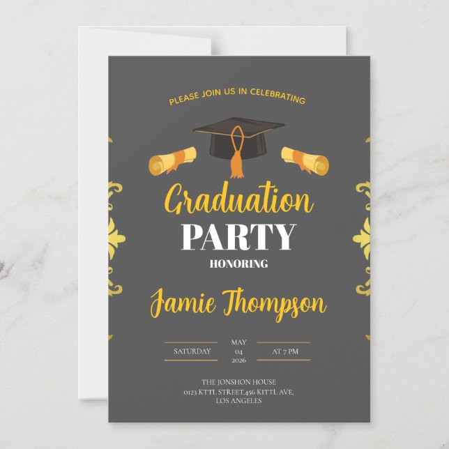 Magnétique Elegant Grey & Gold Graduation Party Invitation (Recto)