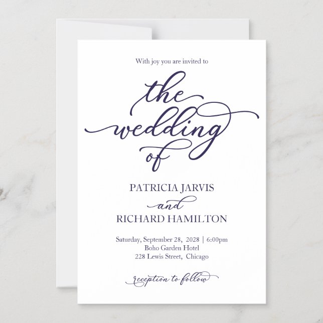 Magnétique Faire invitation de mariage calligraphié bleu mari (Recto)