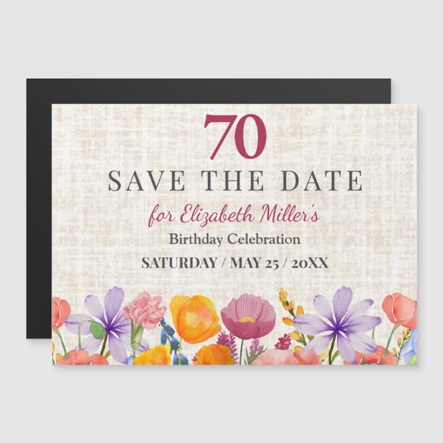 Magnétique Invitation 70 ans Florale - Fête de Jardin (Devant / Derrière)