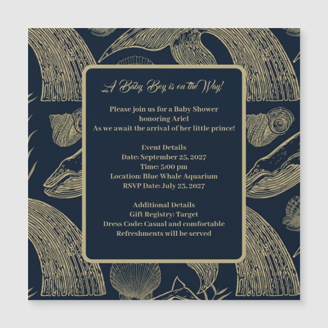 Magnétique Invitation Baby shower bleu de baleine marine vint (Devant)