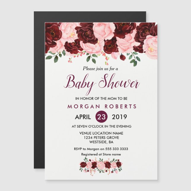 Magnétique Invitation baby shower : Blush Pink Burgundy Flora (Devant / Derrière)