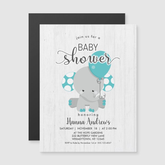 Magnétique Invitation Baby shower Turquoise éléphant en bois  (Devant / Derrière)