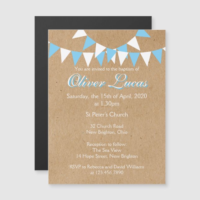 Magnétique Invitation de baptême bleu Baby Bunting (Devant / Derrière)