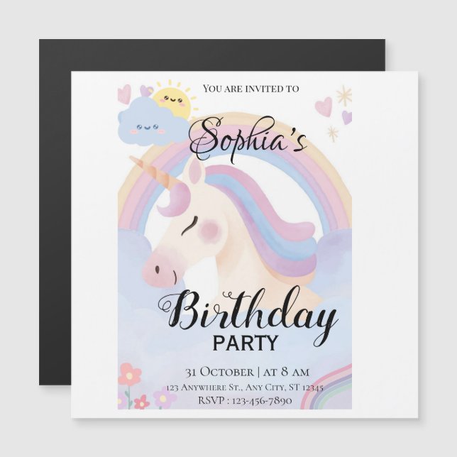 Magnétique Invitation de fête d'anniversaire de la licorne mo (Devant / Derrière)