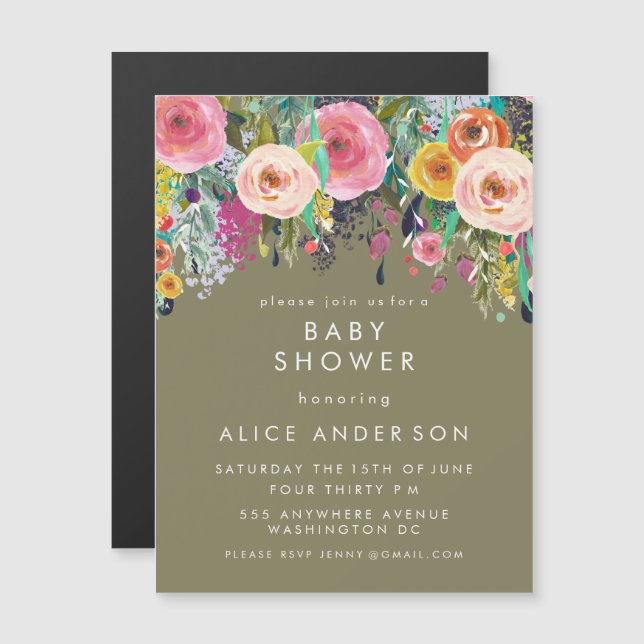 Magnétique |MAGNET| Invitation Baby shower floral peint (Devant / Derrière)