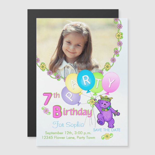 Magnétique Princess Bear Custom 7th Birthday Party Invitation (Devant / Derrière)