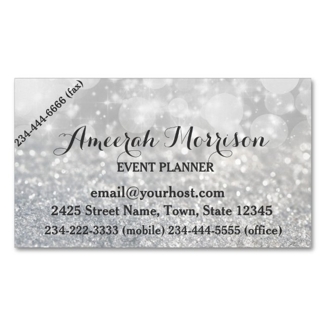 Magnétique Silver Bokeh Sparkle, événement Carte de visite ma (devant)