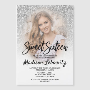 Magnétique Sweet 16 Elégant Argent & Blanc Invitation magnéti