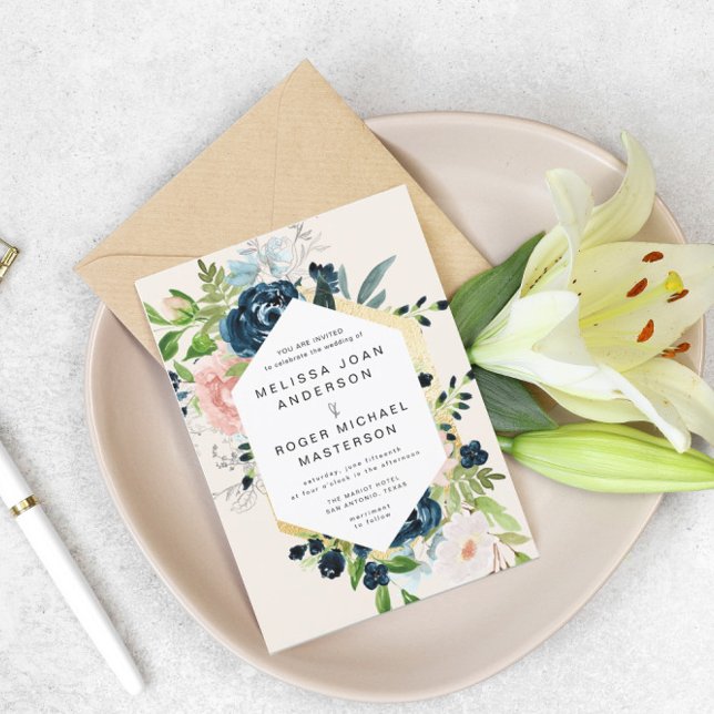 magnifique blues or Faire-part de mariage floral (Créateur téléchargé)