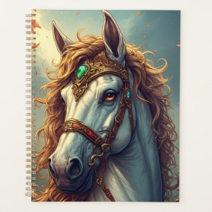 Magnifique cheval blanc orné de bijoux dorés