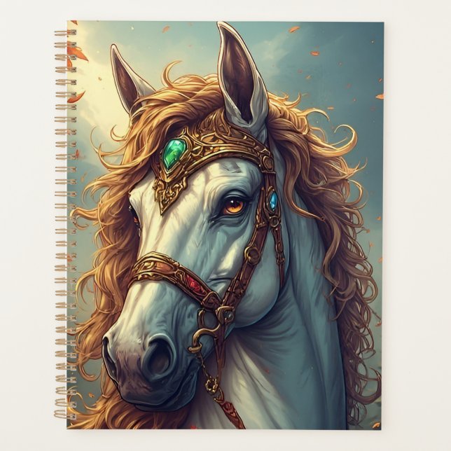 Magnifique cheval blanc orné de bijoux dorés (Devant)