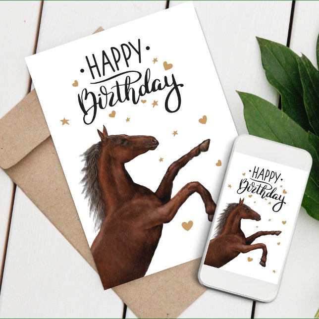 Magnifique cheval brun élevant carte d'anniversair (Beautiful brown horse rearing, lettering Happy Birthday with golden stars and hearts)
