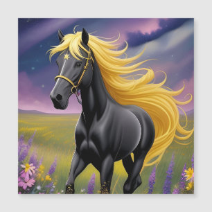 Magnifique cheval noir à la crinière dorée ondoyan