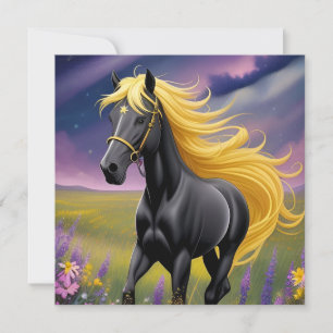 Magnifique cheval noir à la crinière dorée ondoyan