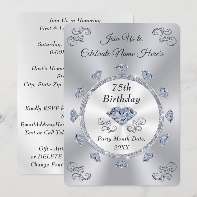 Magnifique Diamant, 75e carte d'invitation d'anniv (Devant / Derrière)