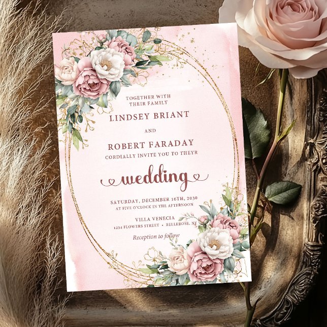 Magnifique faire-part de mariage à la rose dorée,  (Lovely Rose Gold Blush Floral Greenery Wedding Invitation

)