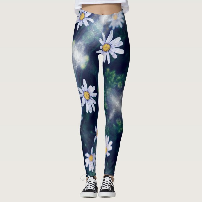 Magnifique Leggings de Fleurs Jaunes Bleues (Devant)