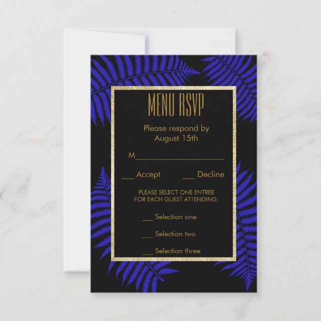 Magnifique Menu de Mariage Feuille de Fougère Bleu (Devant)