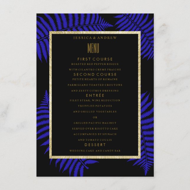 Magnifique Menu de Mariage Feuille de Fougère Bleu (Devant)